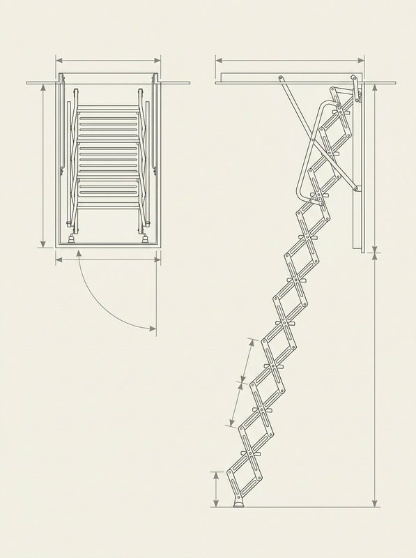 Side-elevation drawing of a scissor-folding loft ladder showing the hinged diamond frame open into steps, with the opening width, swing clearance and floor-to-ceiling height marked