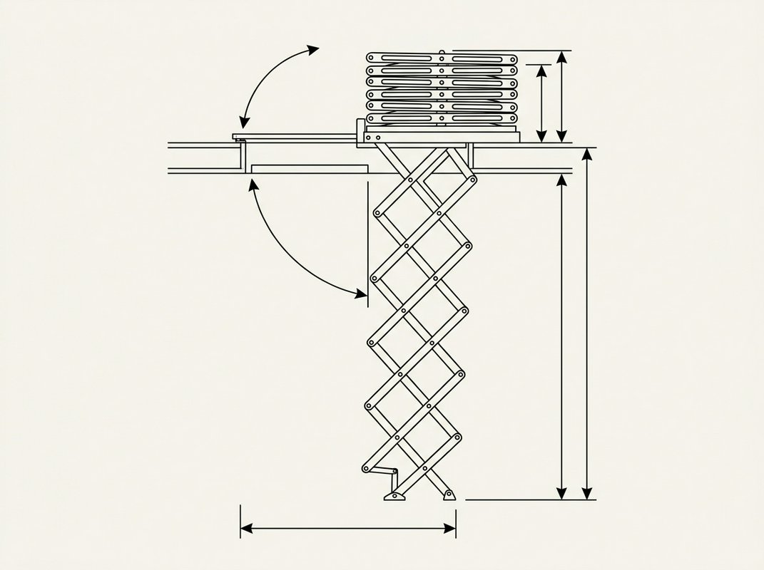 Line drawing of a concertina (scissor) loft ladder extended from a hatch, with dimension callouts for opening length, opening width, floor-to-ceiling height and the swing clearance needed on the landing below.