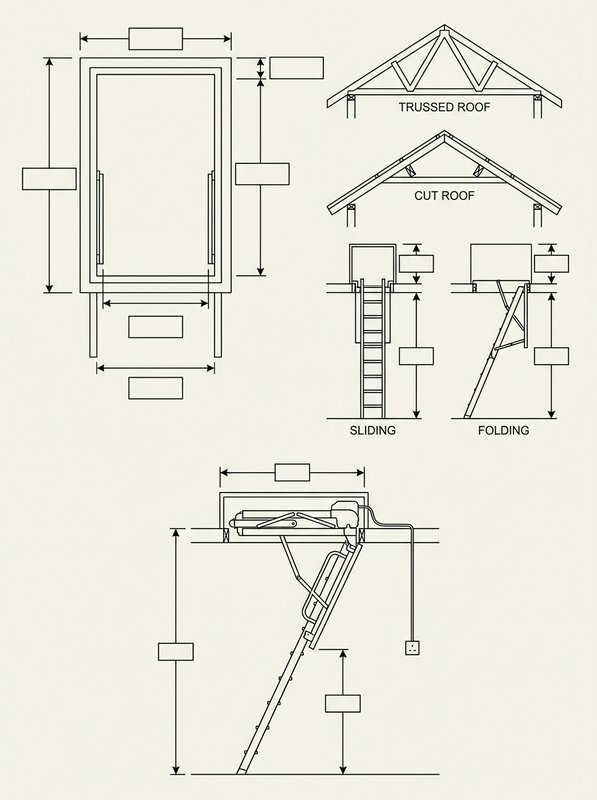 Side-elevation line drawing of an electric loft ladder folded flat against the loft floor, with callouts for the folded height and the ceiling height range it requires