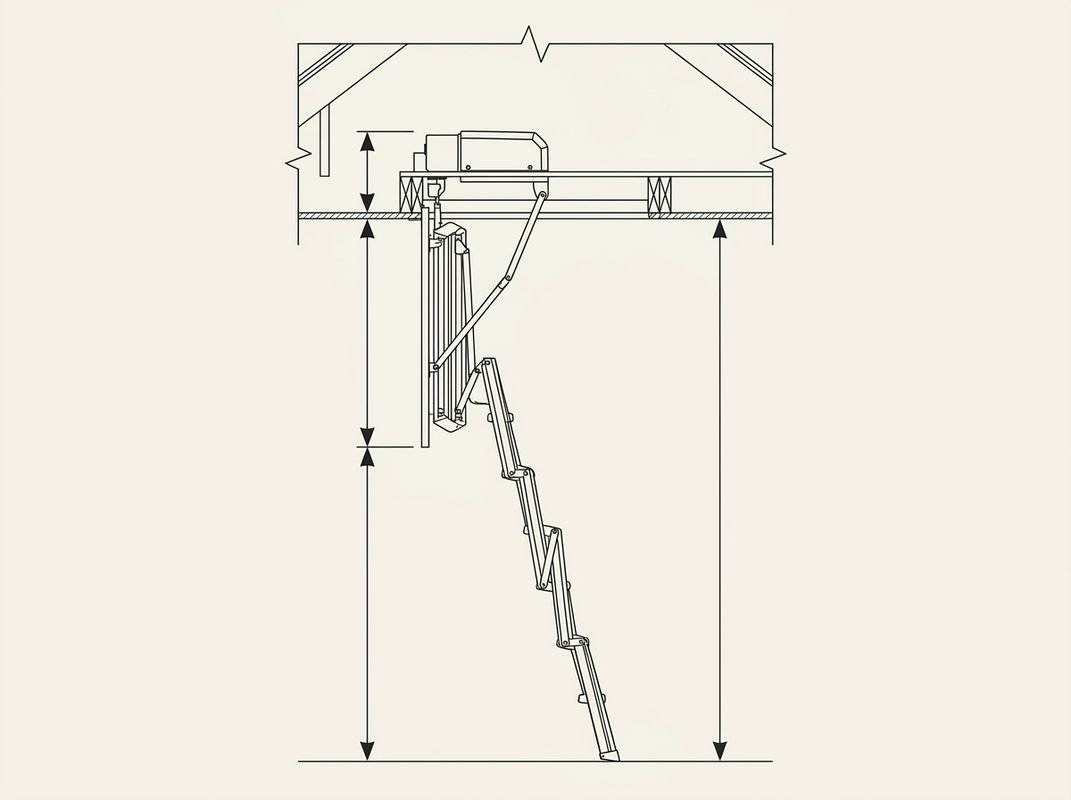 Side elevation diagram of an electric loft ladder folded in the loft space, showing the floor-to-ceiling height band and the stowed height of the folded ladder