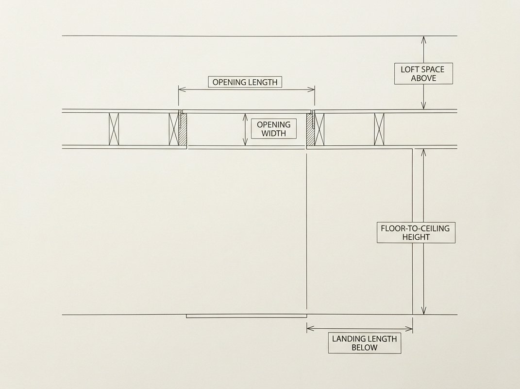 Line drawing of a loft hatch and the space around it, with callouts marking opening length, opening width, floor-to-ceiling height, landing length below the hatch, and the clear space above it in the loft.