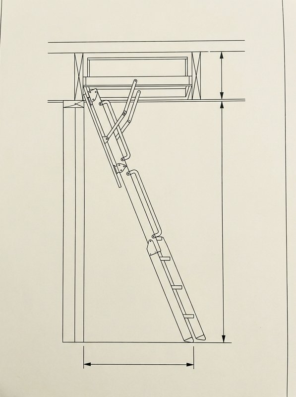 Side elevation line drawing of a folding timber loft ladder shown closed against the hatch and open in three hinged sections, with the swing space below the hatch and the floor-to-ceiling height marked.