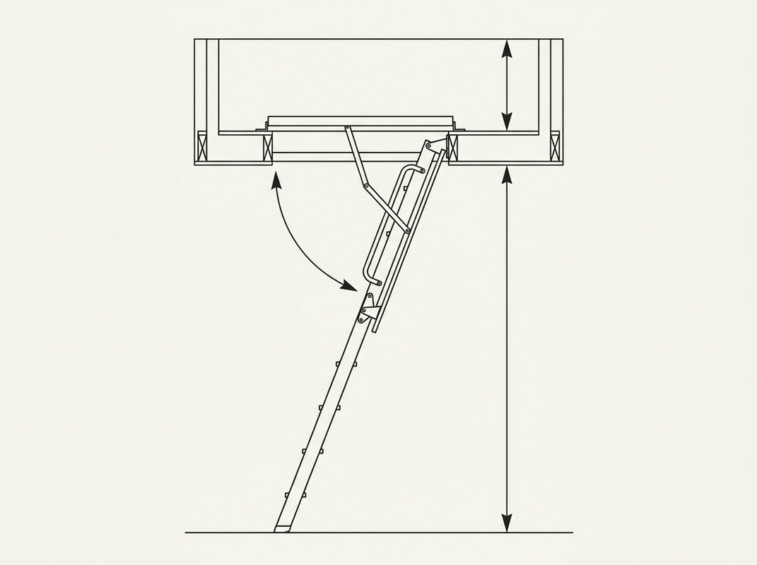 Side-elevation line drawing of a folding timber loft ladder open below a hatch, with the swing space between the foot of the ladder and the nearest wall marked, and the stowed height of the folded sections shown inside the loft above the opening.