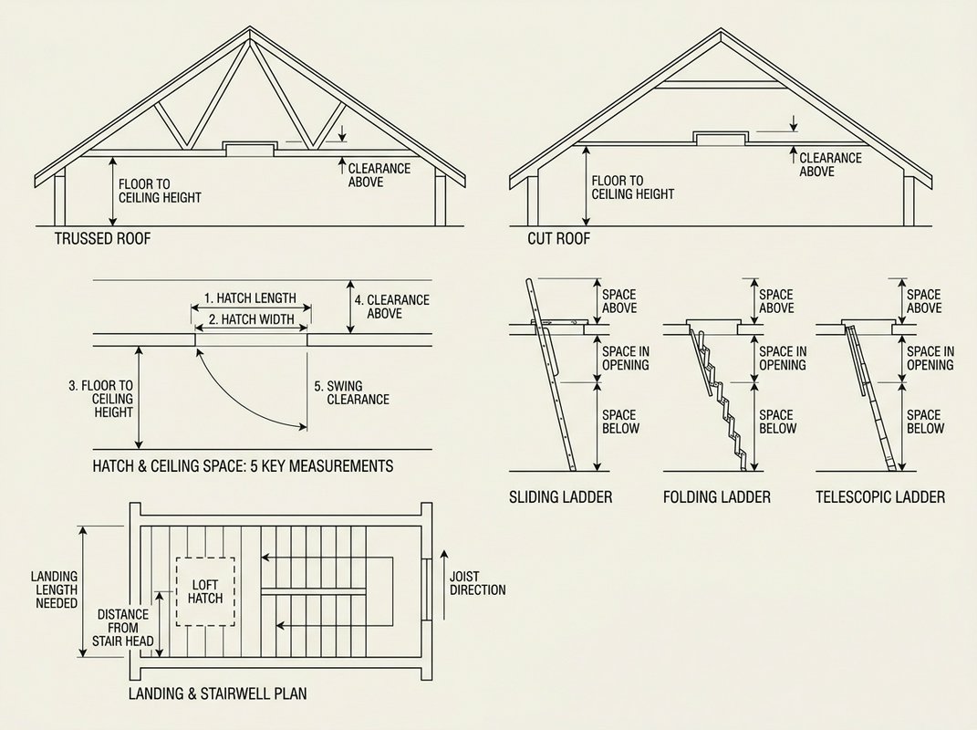 Cross-section line drawing of a loft hatch showing the landing length below, the swing clearance for the ladder's arc, the direction of the ceiling joists either side of the opening, and the clearance space above the hatch inside the loft