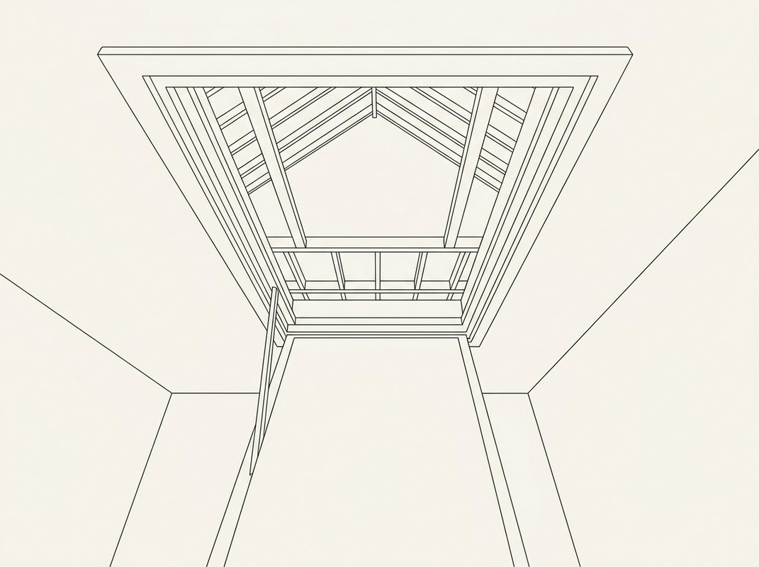 Line drawing of a loft hatch shown in cross-section, with opening length, opening width, floor-to-ceiling height, landing length below and the loft space above the hatch each labelled with a dimension callout.