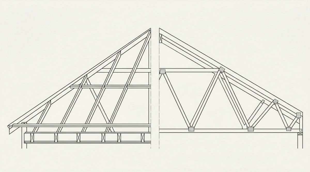 Cross-section comparing a trussed roof, with triangular braced frames, against a cut roof, with plain rafters and separate ceiling joists.