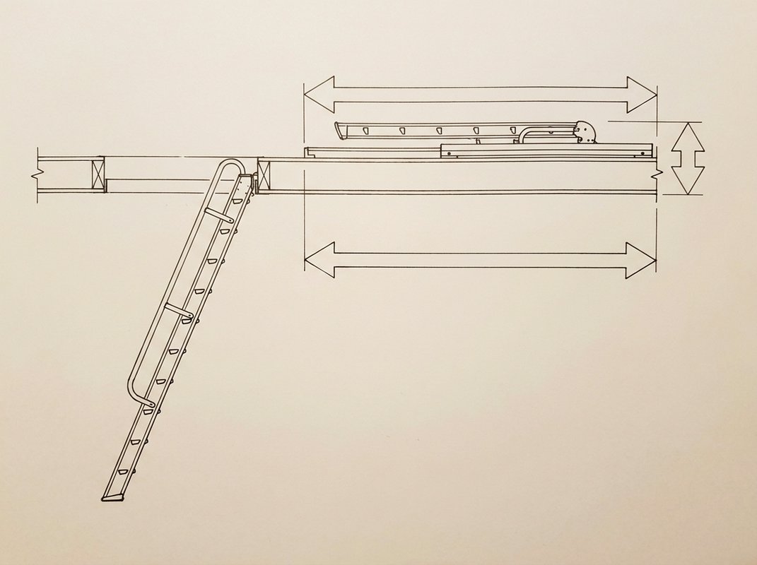 Side elevation of a sliding loft ladder stowed along its rails, with callouts for the floor length behind the hatch and the height needed to fold it flat