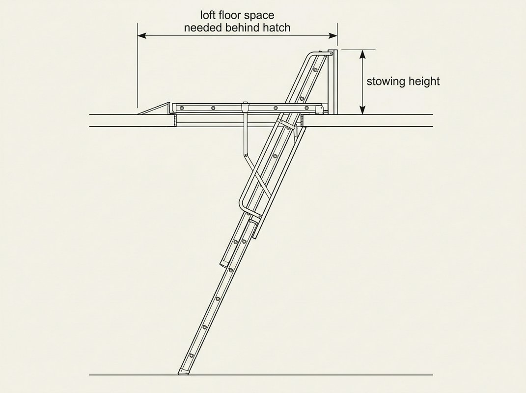 Side-elevation diagram of a sliding aluminium loft ladder showing the narrow hatch opening, the stowed sections lying along the loft floor behind the hatch, and the height needed above them to stow fully