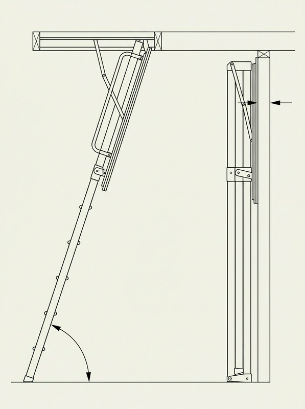 Cross-section of a loft hatch showing a telescopic ladder folded and standing upright in the loft space, with the hatch hinged to swing downwards and a dimension callout for the clearance behind the joist